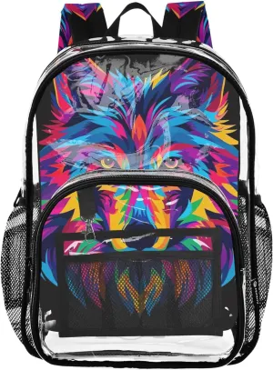 Clear Bag for Women Travel Kids Backpack for Girls Approved Transparent Bag Colorful Wolf Head