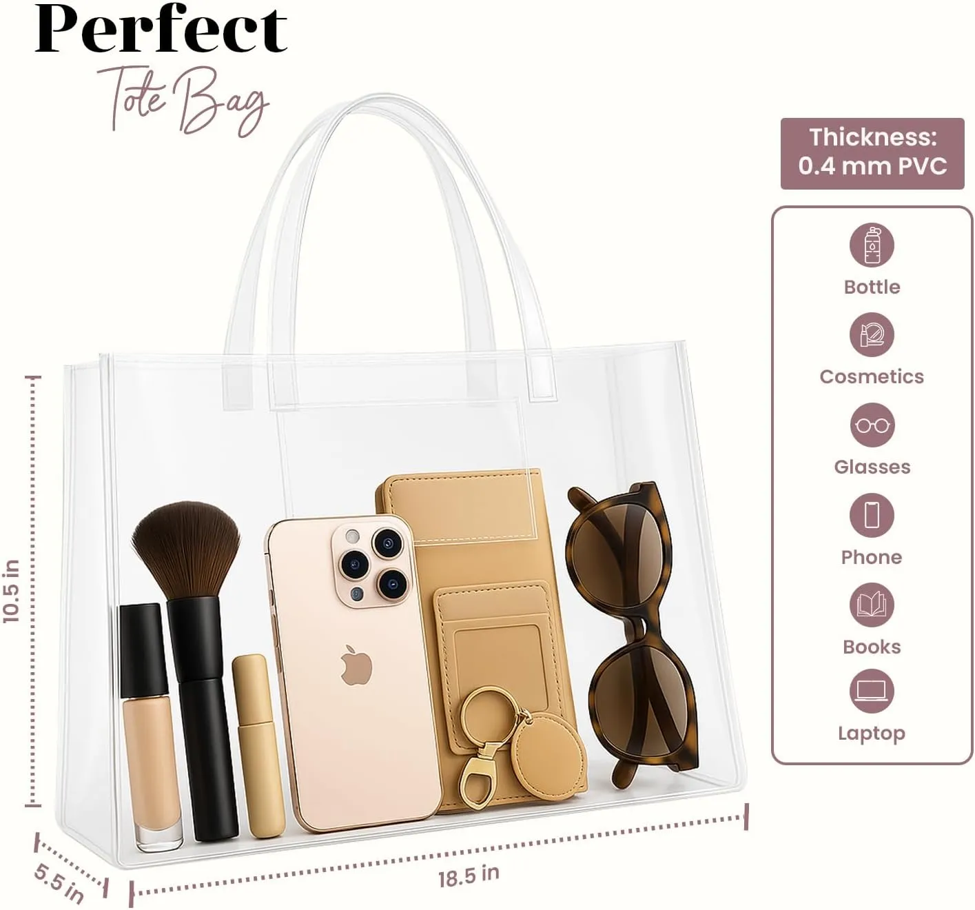 Clear Tote Bag  Large PVC Transparent Bag with Handles for Stadiums, Travel, Work  Durable & Spacious