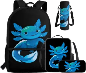 COEQINE Bookbag and Lunch Box Set for Girls Water Bottle Axolotl Backpack 6-8 8-10 Kawaii with Large Capacity 4 Pcs School Kids Elementary Kindergarten Daypack Travel Rucksack