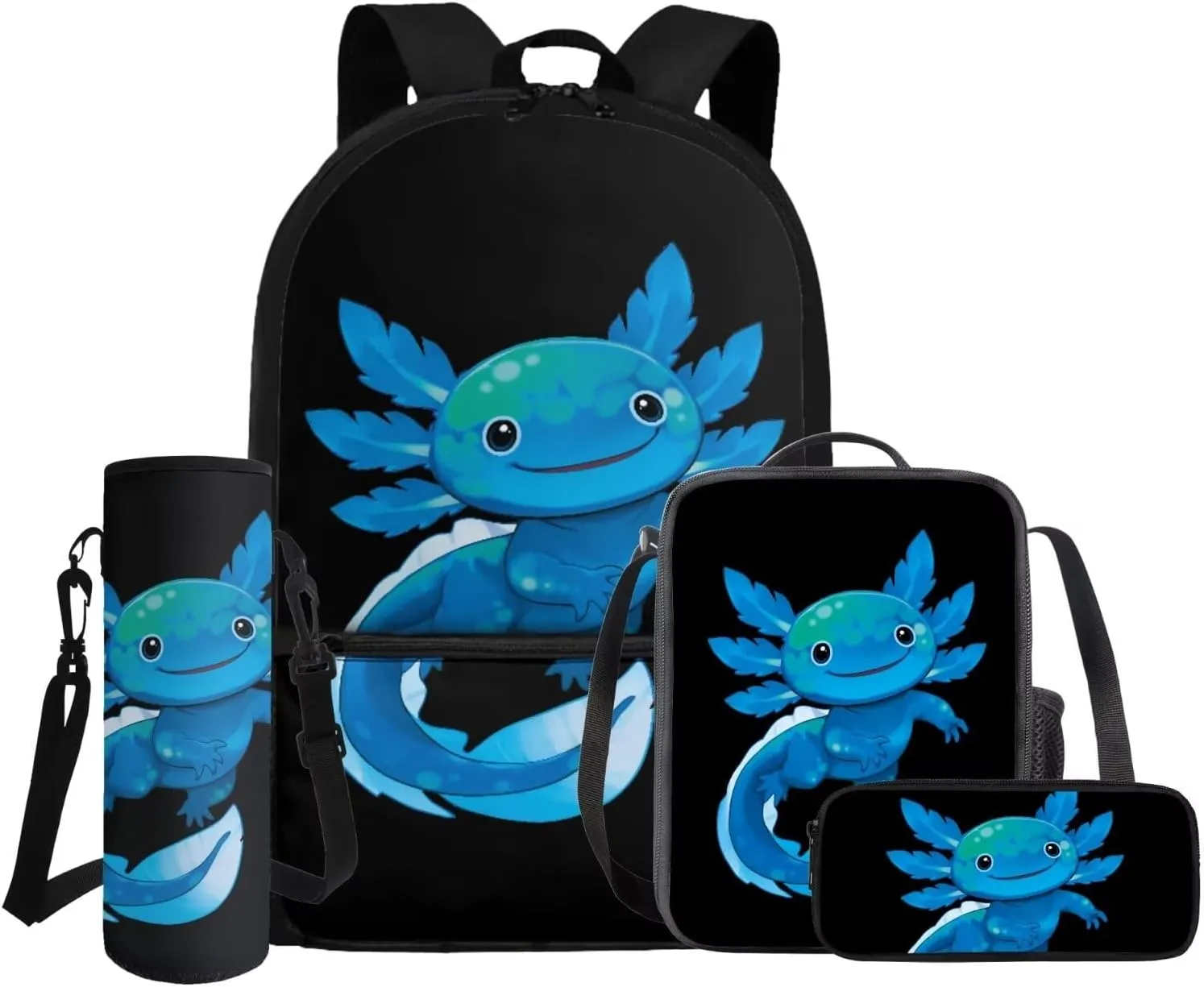 COEQINE Bookbag and Lunch Box Set for Girls Water Bottle Axolotl Backpack 6-8 8-10 Kawaii with Large Capacity 4 Pcs School Kids Elementary Kindergarten Daypack Travel Rucksack