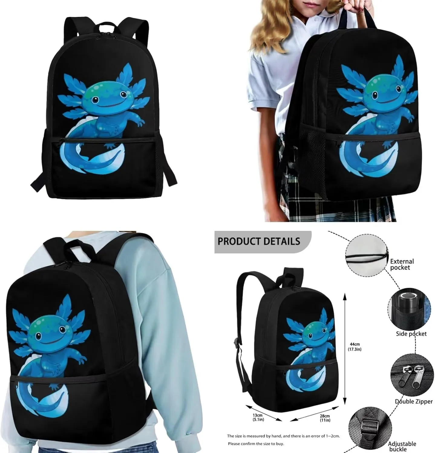 COEQINE Bookbag and Lunch Box Set for Girls Water Bottle Axolotl Backpack 6-8 8-10 Kawaii with Large Capacity 4 Pcs School Kids Elementary Kindergarten Daypack Travel Rucksack