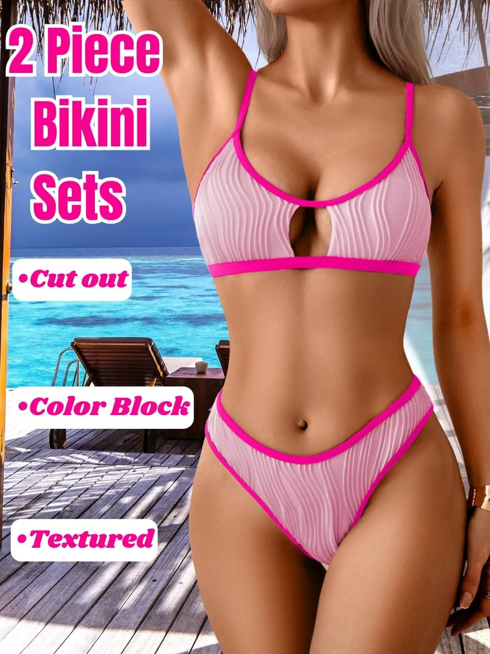 Color Block Swimsuits Women,Sexy Keyhole Ribbed Bikini Sets,2 Piece High Cut Cheeky Bikinis Beach Tanning Pool