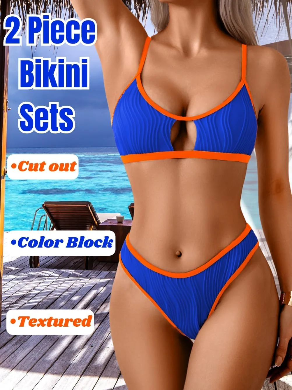 Color Block Swimsuits Women,Sexy Keyhole Ribbed Bikini Sets,2 Piece High Cut Cheeky Bikinis Beach Tanning Pool