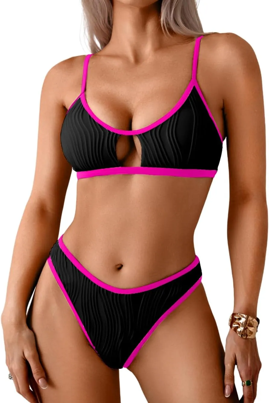 Color Block Swimsuits Women,Sexy Keyhole Ribbed Bikini Sets,2 Piece High Cut Cheeky Bikinis Beach Tanning Pool