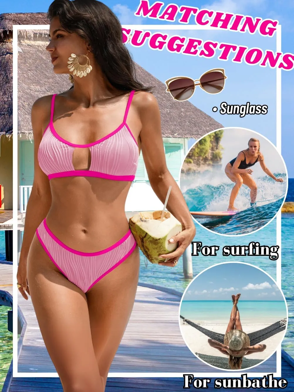 Color Block Swimsuits Women,Sexy Keyhole Ribbed Bikini Sets,2 Piece High Cut Cheeky Bikinis Beach Tanning Pool