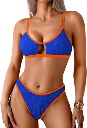 Color Block Swimsuits Women,Sexy Keyhole Ribbed Bikini Sets,2 Piece High Cut Cheeky Bikinis Beach Tanning Pool