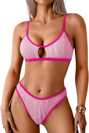 Color Block Swimsuits Women,Sexy Keyhole Ribbed Bikini Sets,2 Piece High Cut Cheeky Bikinis Beach Tanning Pool