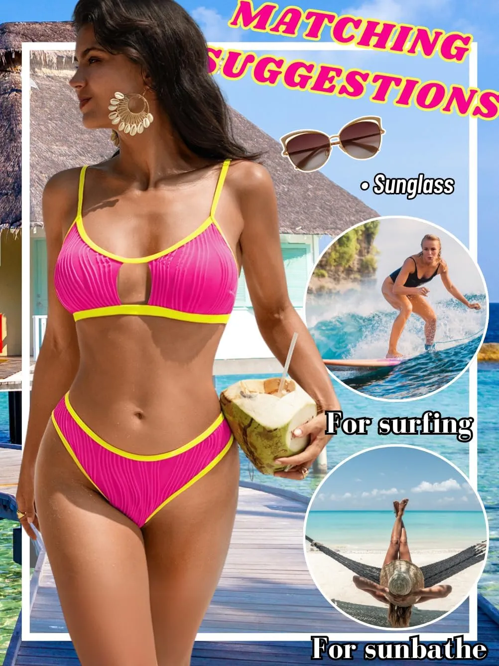 Color Block Swimsuits Women,Sexy Keyhole Ribbed Bikini Sets,2 Piece High Cut Cheeky Bikinis Beach Tanning Pool
