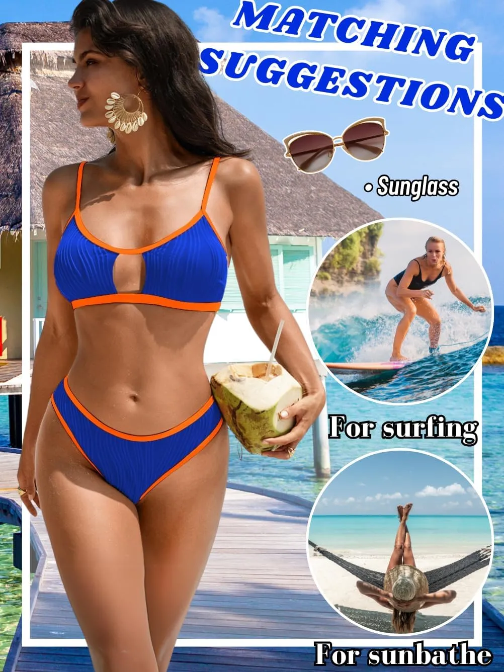 Color Block Swimsuits Women,Sexy Keyhole Ribbed Bikini Sets,2 Piece High Cut Cheeky Bikinis Beach Tanning Pool