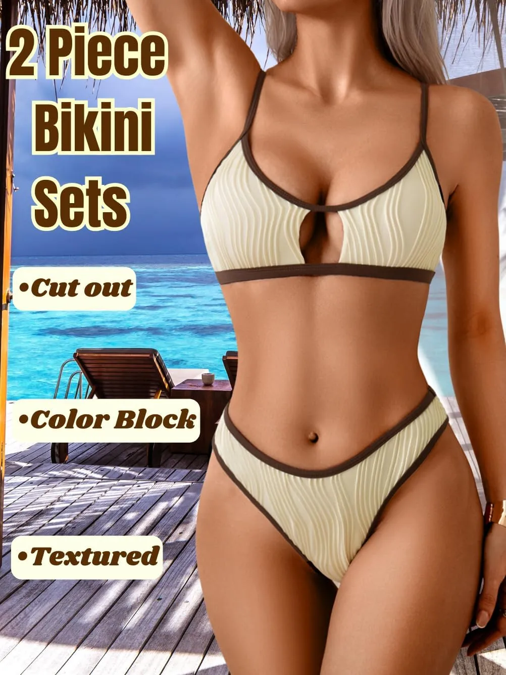 Color Block Swimsuits Women,Sexy Keyhole Ribbed Bikini Sets,2 Piece High Cut Cheeky Bikinis Beach Tanning Pool