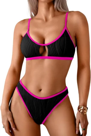 Color Block Swimsuits Women,Sexy Keyhole Ribbed Bikini Sets,2 Piece High Cut Cheeky Bikinis Beach Tanning Pool