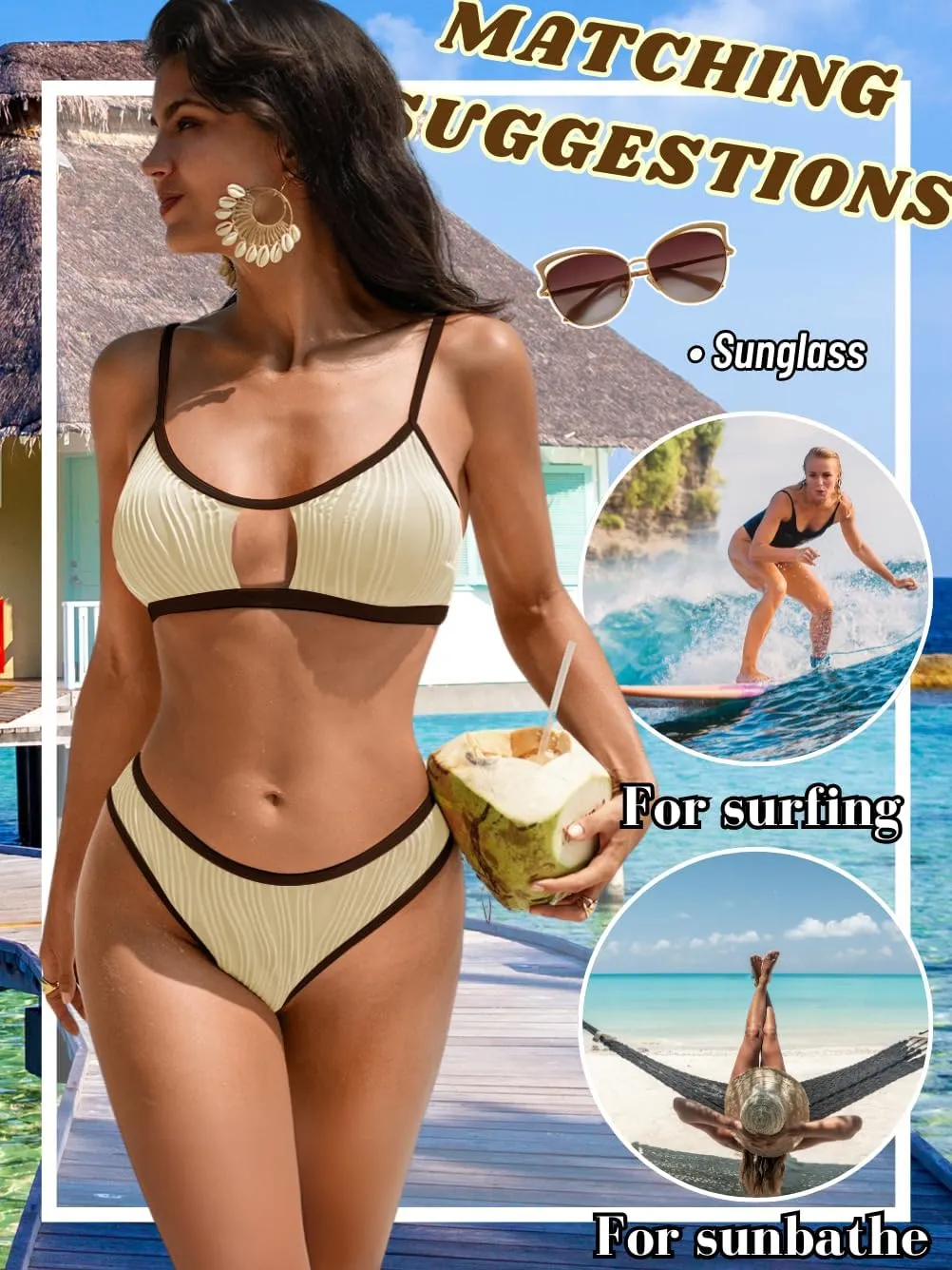 Color Block Swimsuits Women,Sexy Keyhole Ribbed Bikini Sets,2 Piece High Cut Cheeky Bikinis Beach Tanning Pool