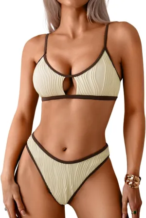 Color Block Swimsuits Women,Sexy Keyhole Ribbed Bikini Sets,2 Piece High Cut Cheeky Bikinis Beach Tanning Pool