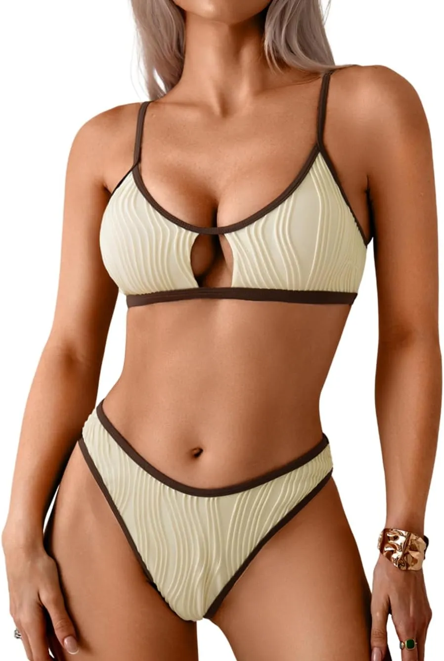 Color Block Swimsuits Women,Sexy Keyhole Ribbed Bikini Sets,2 Piece High Cut Cheeky Bikinis Beach Tanning Pool