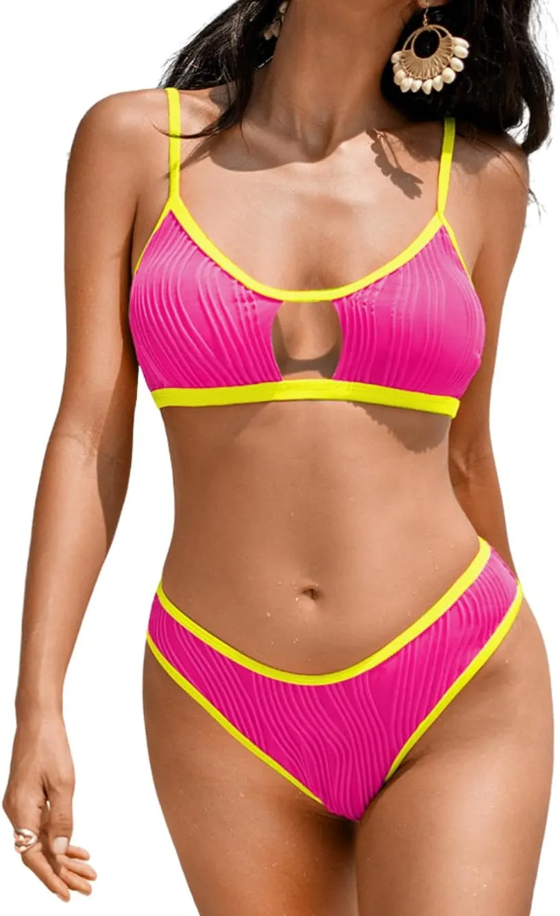 Color Block Swimsuits Women,Sexy Keyhole Ribbed Bikini Sets,2 Piece High Cut Cheeky Bikinis Beach Tanning Pool