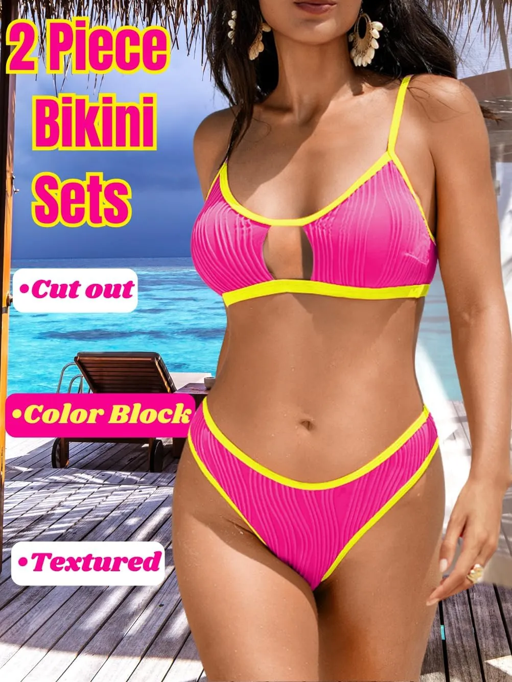 Color Block Swimsuits Women,Sexy Keyhole Ribbed Bikini Sets,2 Piece High Cut Cheeky Bikinis Beach Tanning Pool