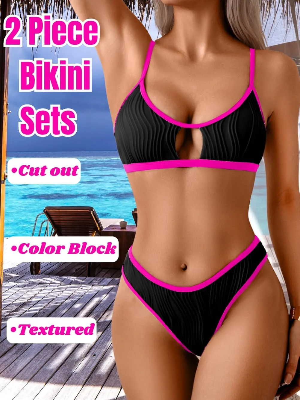 Color Block Swimsuits Women,Sexy Keyhole Ribbed Bikini Sets,2 Piece High Cut Cheeky Bikinis Beach Tanning Pool