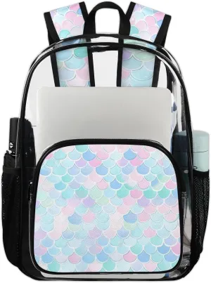 Colored Mermaid Scales Heavy Duty Clear Backpack Mermaid Scales Large See Through Backpacks PVC Transparent Backpack Clear Bag for Women Men Security Stadium Work Travel Events Concert