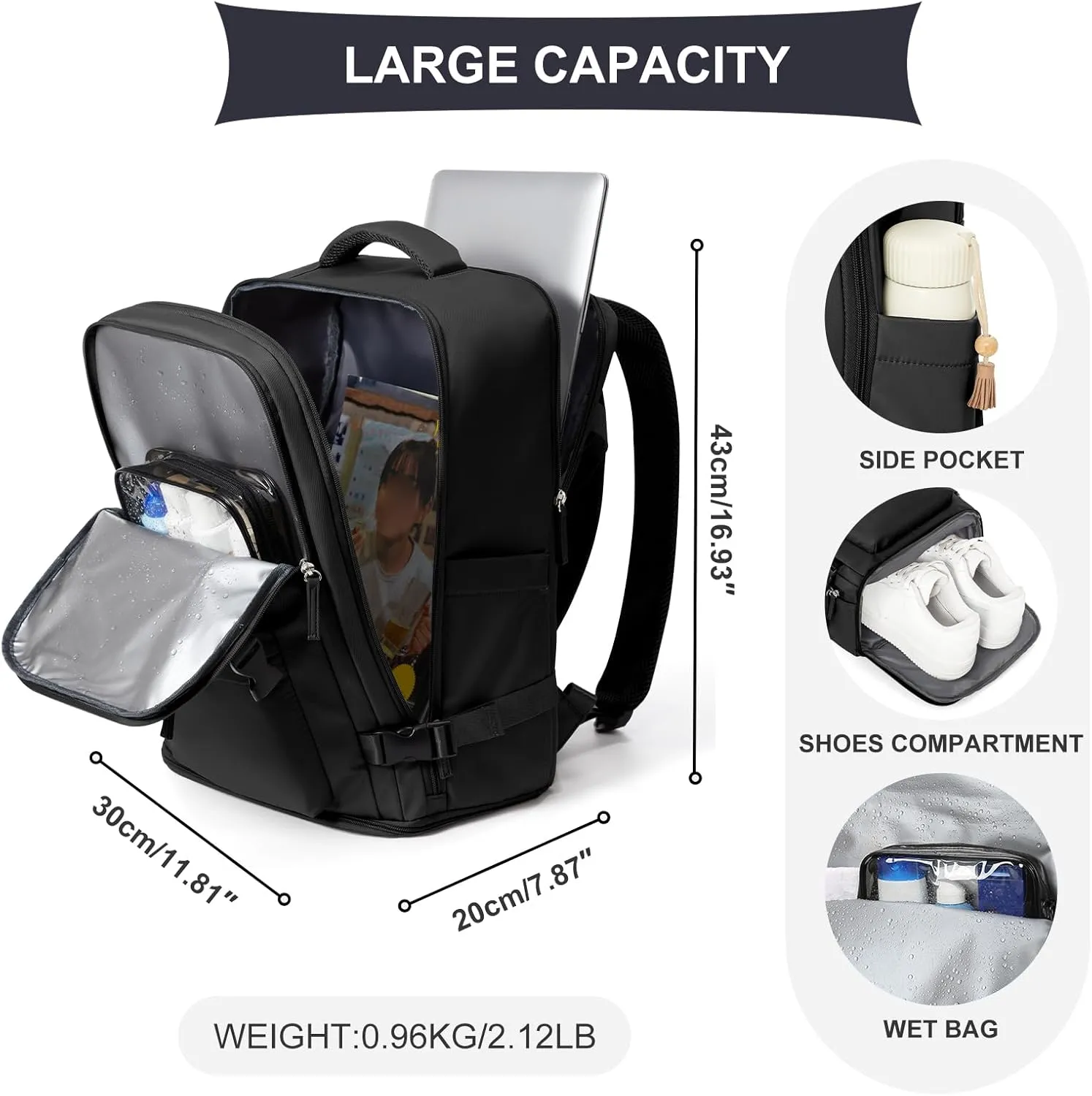 coowoz Travel Backpack For Women Men Airline Approved,Black Carry On Backpack,Large Hiking Laptop College Backpacks Waterproof Outdoor Sports Rucksack Casual Daypack Fit 15.6 Inch Backpacks