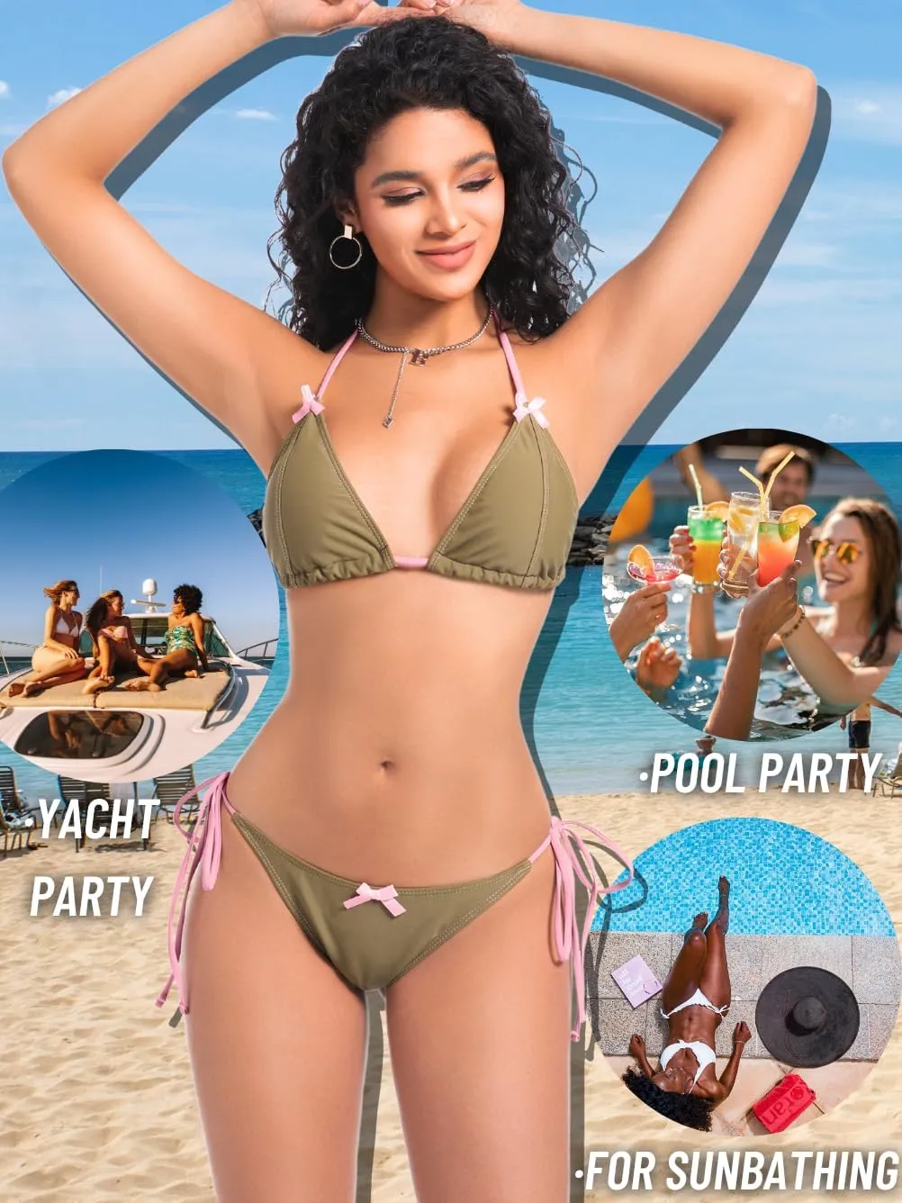 Coquette Swimsuit,2000s Bow Cute Bikinis for Women,Low Rise Tie Bikini Sets Tanning Pool Party