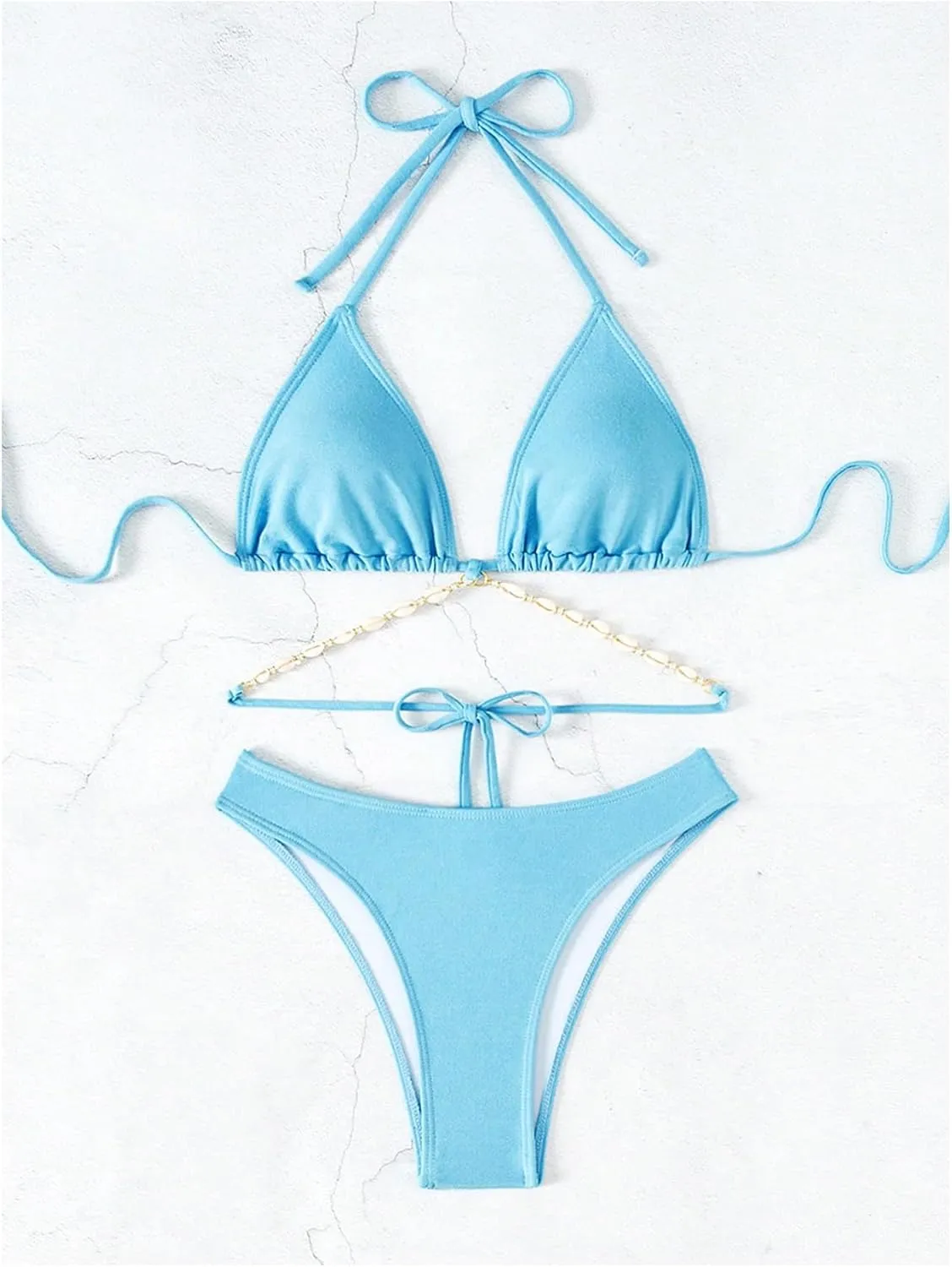 COZYEASE Women's 2 Piece Bikini Set Triangle Halter Tie Back Bathing Suit Set Shell Backless High Cut Swimsuit