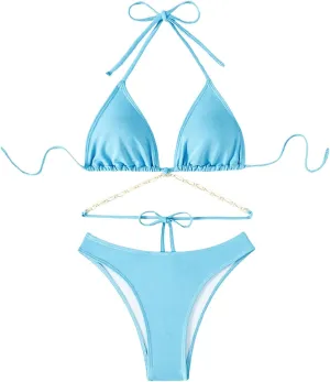 COZYEASE Women's 2 Piece Bikini Set Triangle Halter Tie Back Bathing Suit Set Shell Backless High Cut Swimsuit