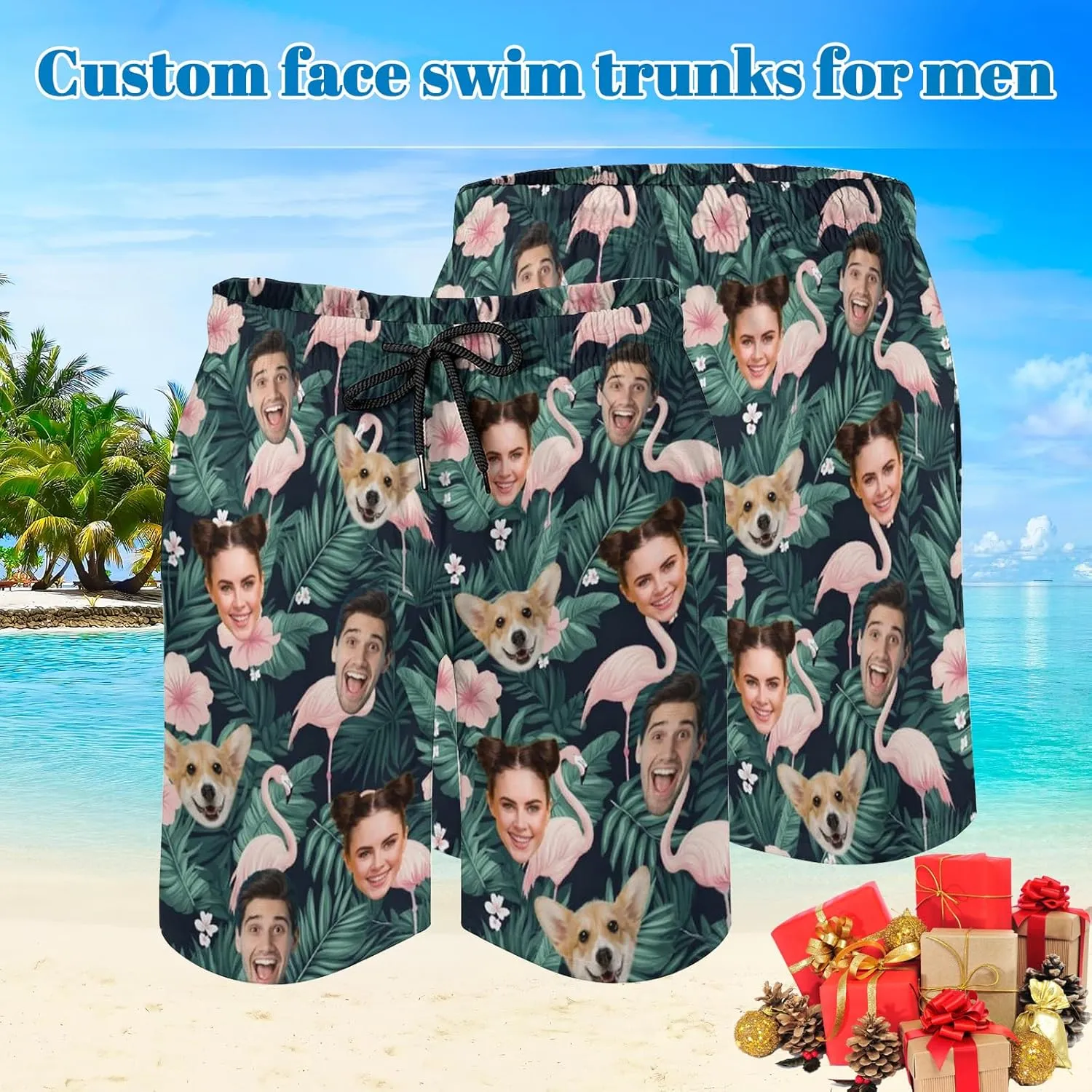 Custom Face Swim Trunks for Mens, Personalized Funny Beach Shorts with Faces Photo, Customized Swim Shorts Gift for Birthday