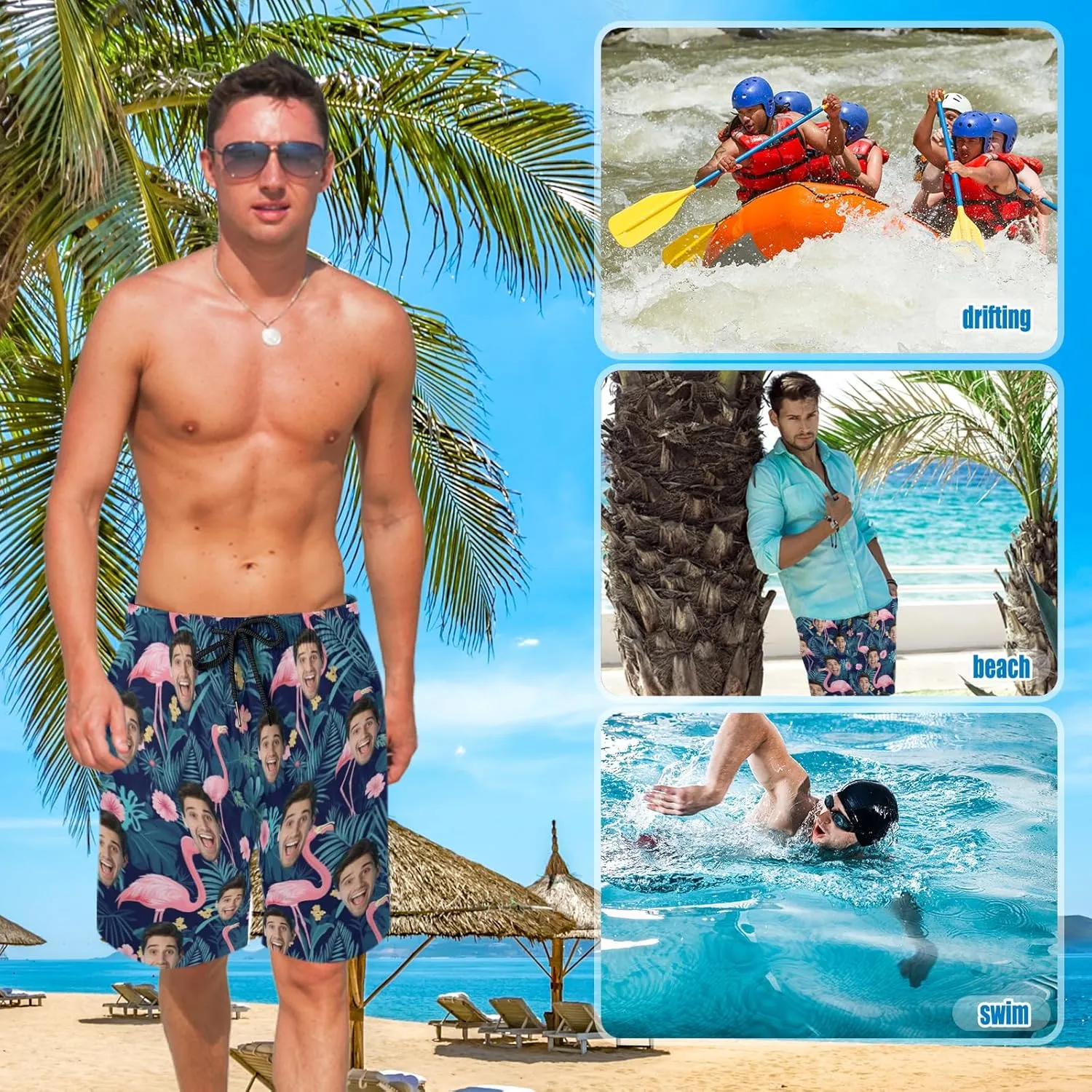 Custom Face Swim Trunks for Mens, Personalized Funny Beach Shorts with Faces Photo, Customized Swim Shorts Gift for Birthday