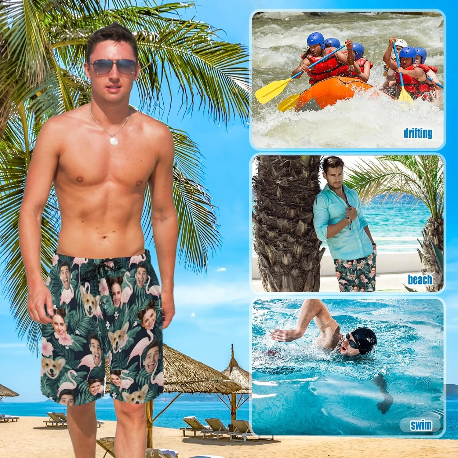 Custom Face Swim Trunks for Mens, Personalized Funny Beach Shorts with Faces Photo, Customized Swim Shorts Gift for Birthday