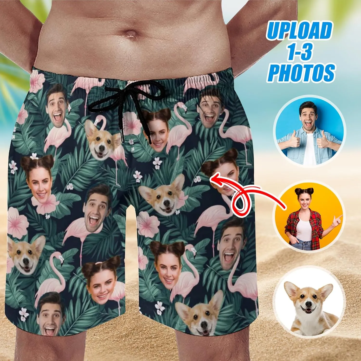 Custom Face Swim Trunks for Mens, Personalized Funny Beach Shorts with Faces Photo, Customized Swim Shorts Gift for Birthday