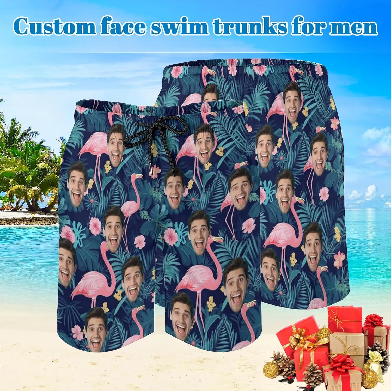 Custom Face Swim Trunks for Mens, Personalized Funny Beach Shorts with Faces Photo, Customized Swim Shorts Gift for Birthday