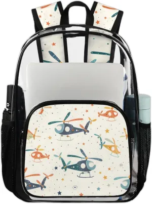 Cute Helicopter Heavy Duty Clear Backpack Chopper Airplane Stars Large See Through Backpacks PVC Transparent Clear Bag for Women Men Security Stadium Work Travel Events Concert