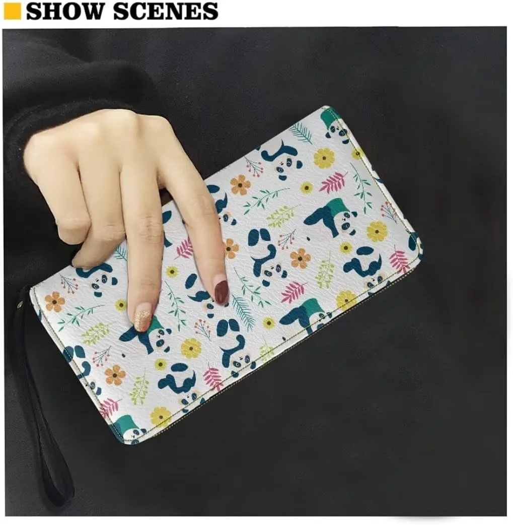 Cute Panda Wristlet Wallet for Women Ladies Floral Flowers Zip Around Clutch Travel Purse Waterproof Leather Money Clips