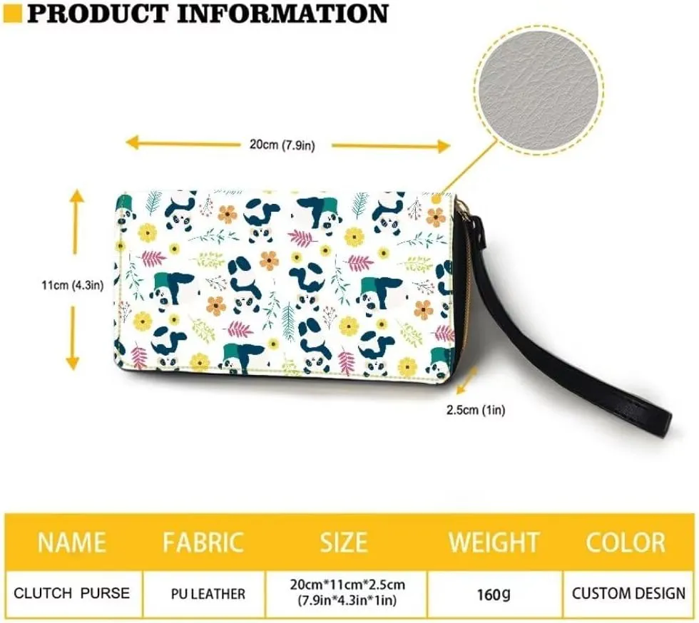 Cute Panda Wristlet Wallet for Women Ladies Floral Flowers Zip Around Clutch Travel Purse Waterproof Leather Money Clips