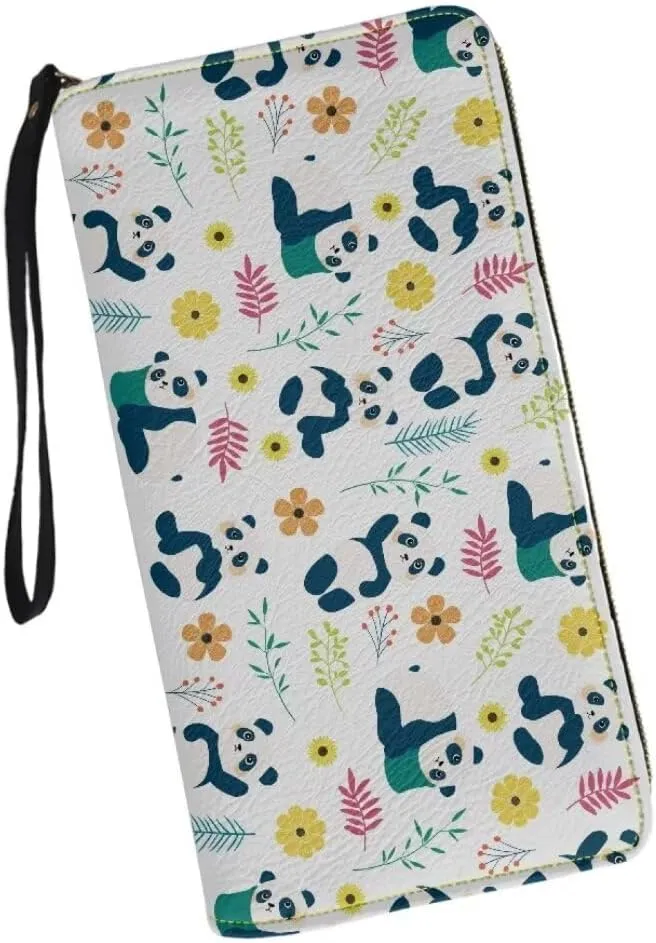 Cute Panda Wristlet Wallet for Women Ladies Floral Flowers Zip Around Clutch Travel Purse Waterproof Leather Money Clips