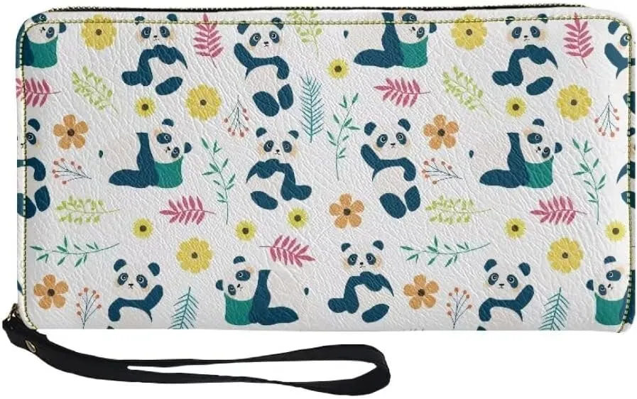 Cute Panda Wristlet Wallet for Women Ladies Floral Flowers Zip Around Clutch Travel Purse Waterproof Leather Money Clips