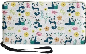 Cute Panda Wristlet Wallet for Women Ladies Floral Flowers Zip Around Clutch Travel Purse Waterproof Leather Money Clips