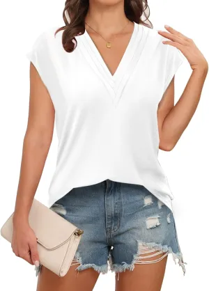 Disamer Womens Summer Tank Tops 2025 Trendy Cap Sleeve Shirts Fashion Cute Loose Fit V Neck Dressy Casual Blouses