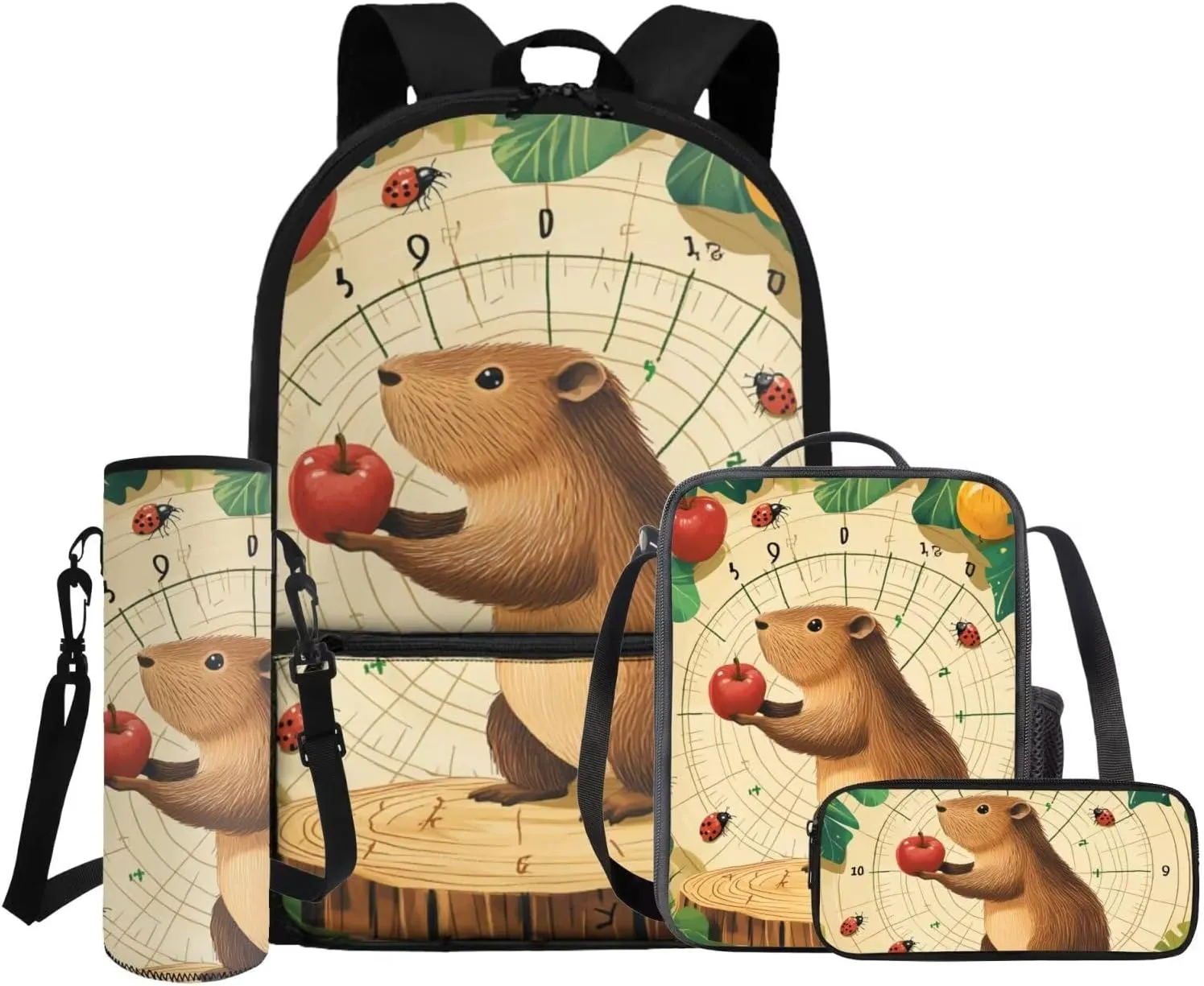 Dolyues Adorable Capybara Backpack Set for Girls 4pcs Book Bag with Adjustable Straps Machine Washable Polyester School Bag with Lunch Box for Kindergarten & Daycare