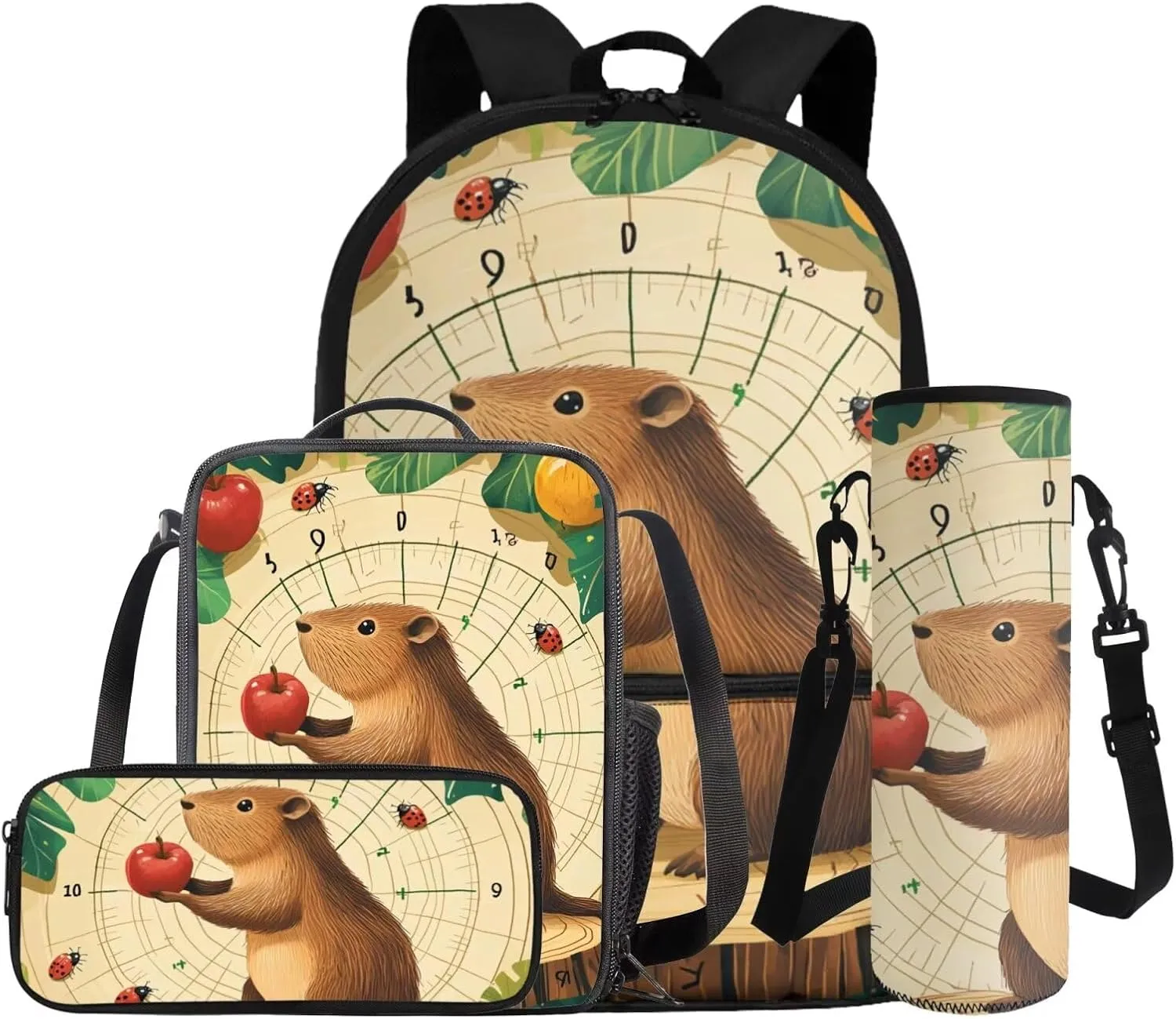 Dolyues Adorable Capybara Backpack Set for Girls 4pcs Book Bag with Adjustable Straps Machine Washable Polyester School Bag with Lunch Box for Kindergarten & Daycare