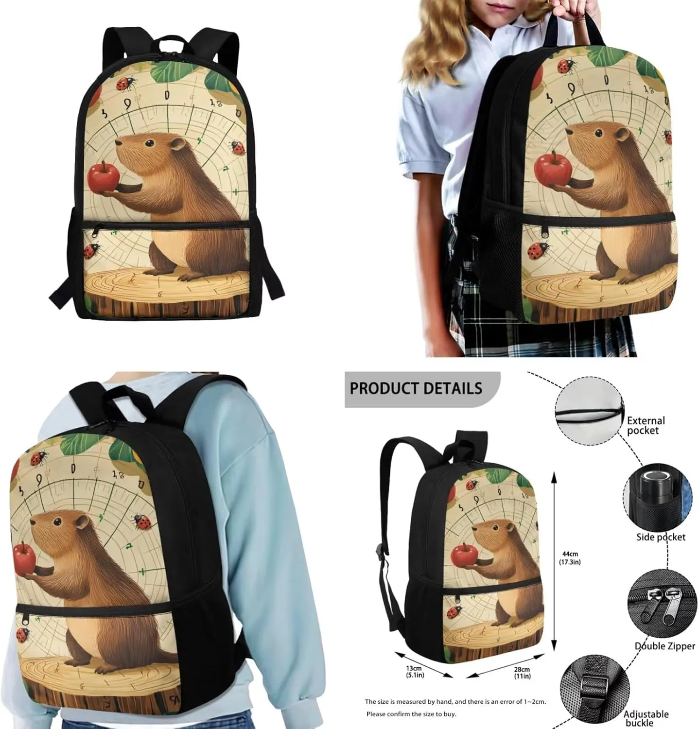 Dolyues Adorable Capybara Backpack Set for Girls 4pcs Book Bag with Adjustable Straps Machine Washable Polyester School Bag with Lunch Box for Kindergarten & Daycare