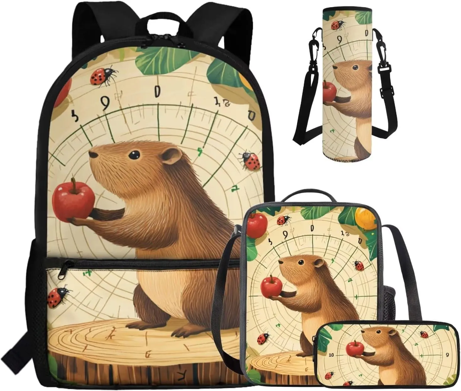Dolyues Adorable Capybara Backpack Set for Girls 4pcs Book Bag with Adjustable Straps Machine Washable Polyester School Bag with Lunch Box for Kindergarten & Daycare