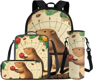 Dolyues Adorable Capybara Backpack Set for Girls 4pcs Book Bag with Adjustable Straps Machine Washable Polyester School Bag with Lunch Box for Kindergarten & Daycare
