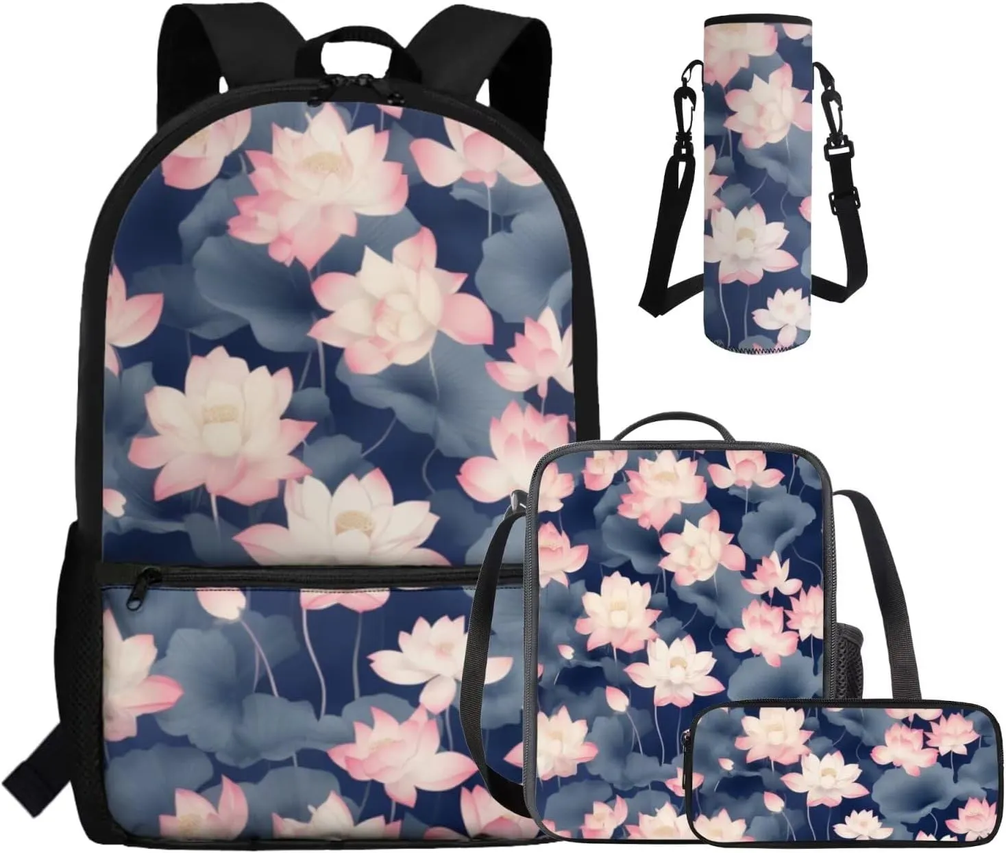 Dolyues Pink Lotus Flower 4-in-1 School Backpack Kit for Girls Grades 2-8: 17 Inch Bookbag with Compartments   Bento Box Carrier   Zipper Pouch   Hydration Pack, Anti-Slip Shoulder Straps