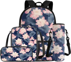 Dolyues Pink Lotus Flower 4-in-1 School Backpack Kit for Girls Grades 2-8: 17 Inch Bookbag with Compartments   Bento Box Carrier   Zipper Pouch   Hydration Pack, Anti-Slip Shoulder Straps