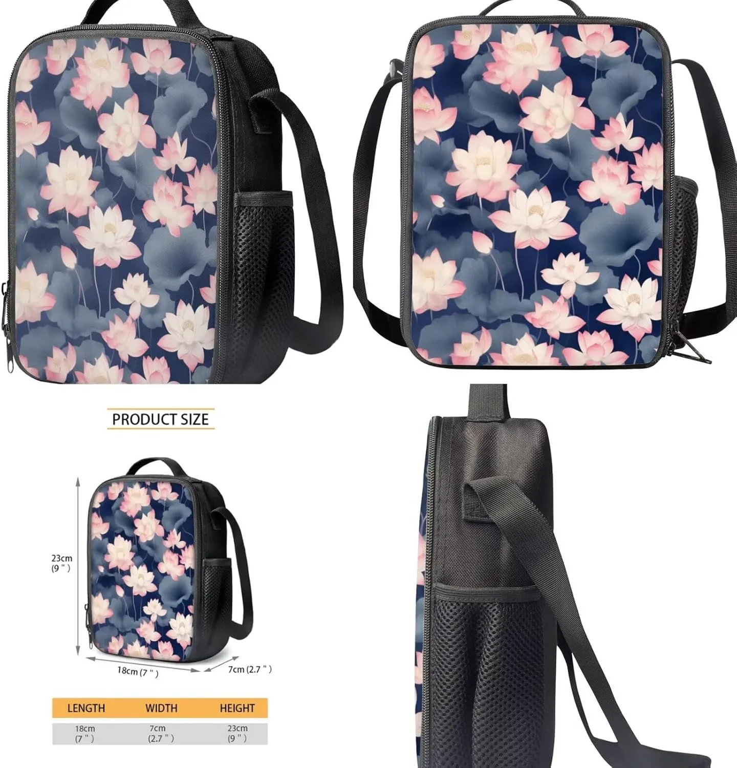 Dolyues Pink Lotus Flower 4-in-1 School Backpack Kit for Girls Grades 2-8: 17 Inch Bookbag with Compartments   Bento Box Carrier   Zipper Pouch   Hydration Pack, Anti-Slip Shoulder Straps