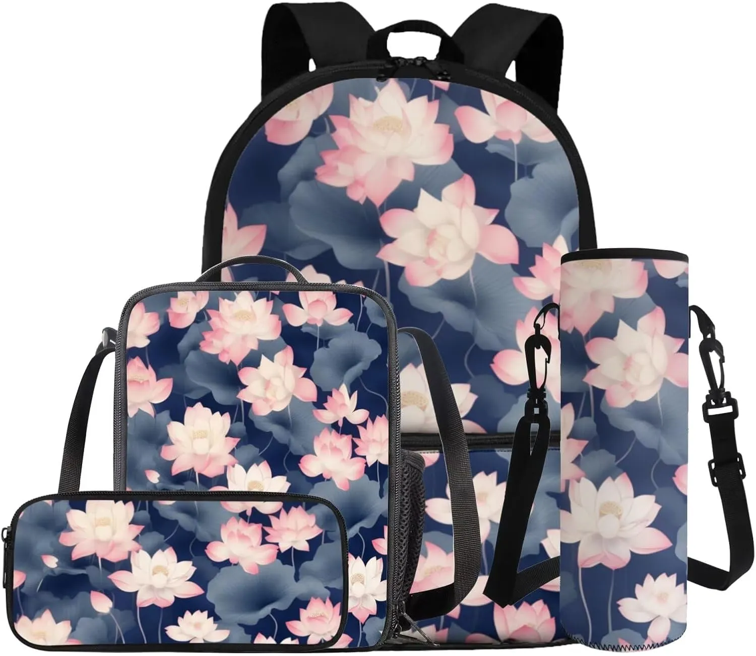 Dolyues Pink Lotus Flower 4-in-1 School Backpack Kit for Girls Grades 2-8: 17 Inch Bookbag with Compartments   Bento Box Carrier   Zipper Pouch   Hydration Pack, Anti-Slip Shoulder Straps