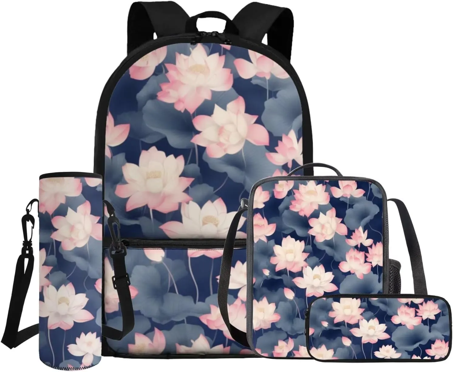Dolyues Pink Lotus Flower 4-in-1 School Backpack Kit for Girls Grades 2-8: 17 Inch Bookbag with Compartments   Bento Box Carrier   Zipper Pouch   Hydration Pack, Anti-Slip Shoulder Straps