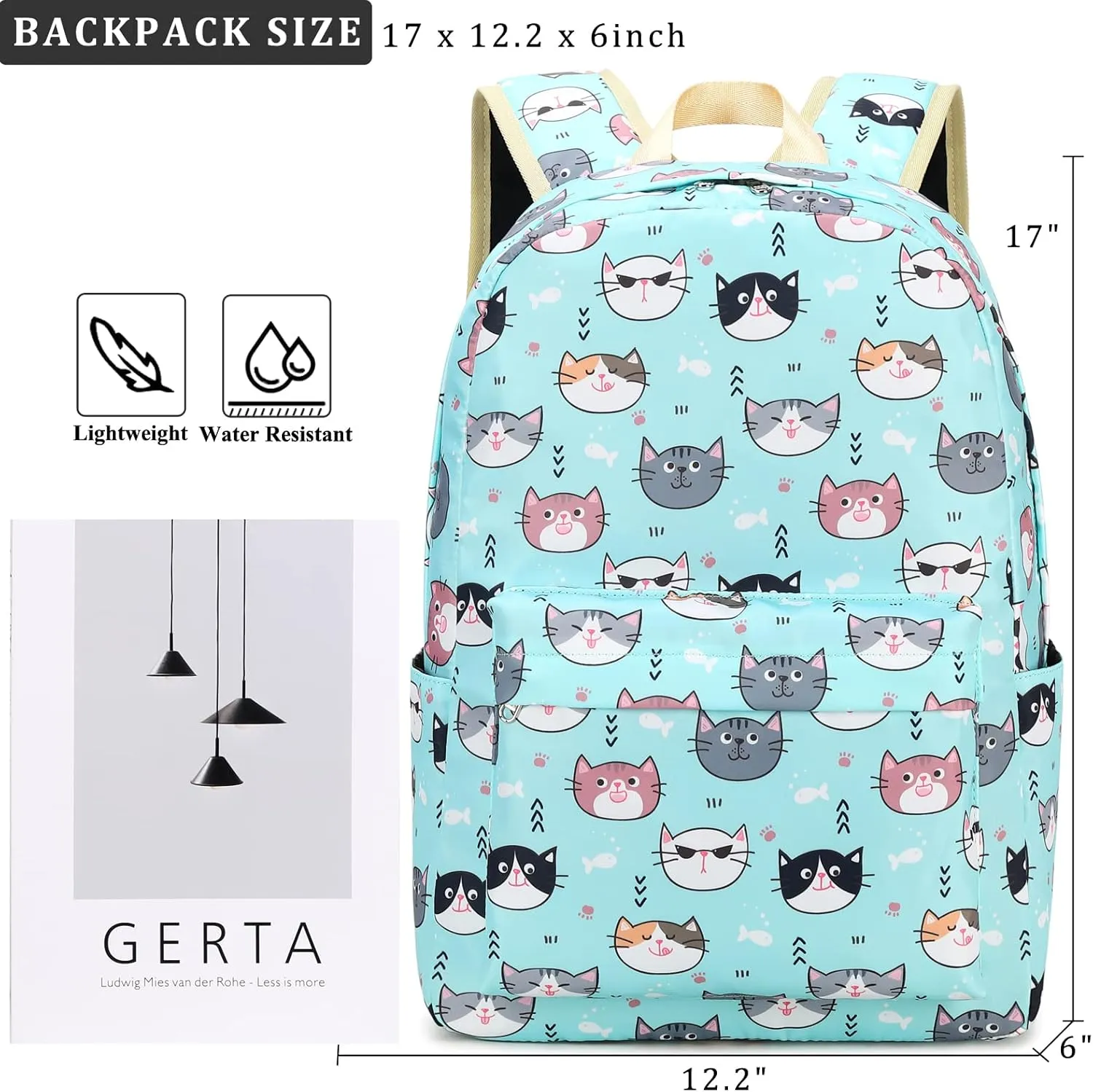 DSIUE Kids Backpack for Girls Elementary BookBags Teens Middle School Backpack with Lunch Box Cat Lake Blue