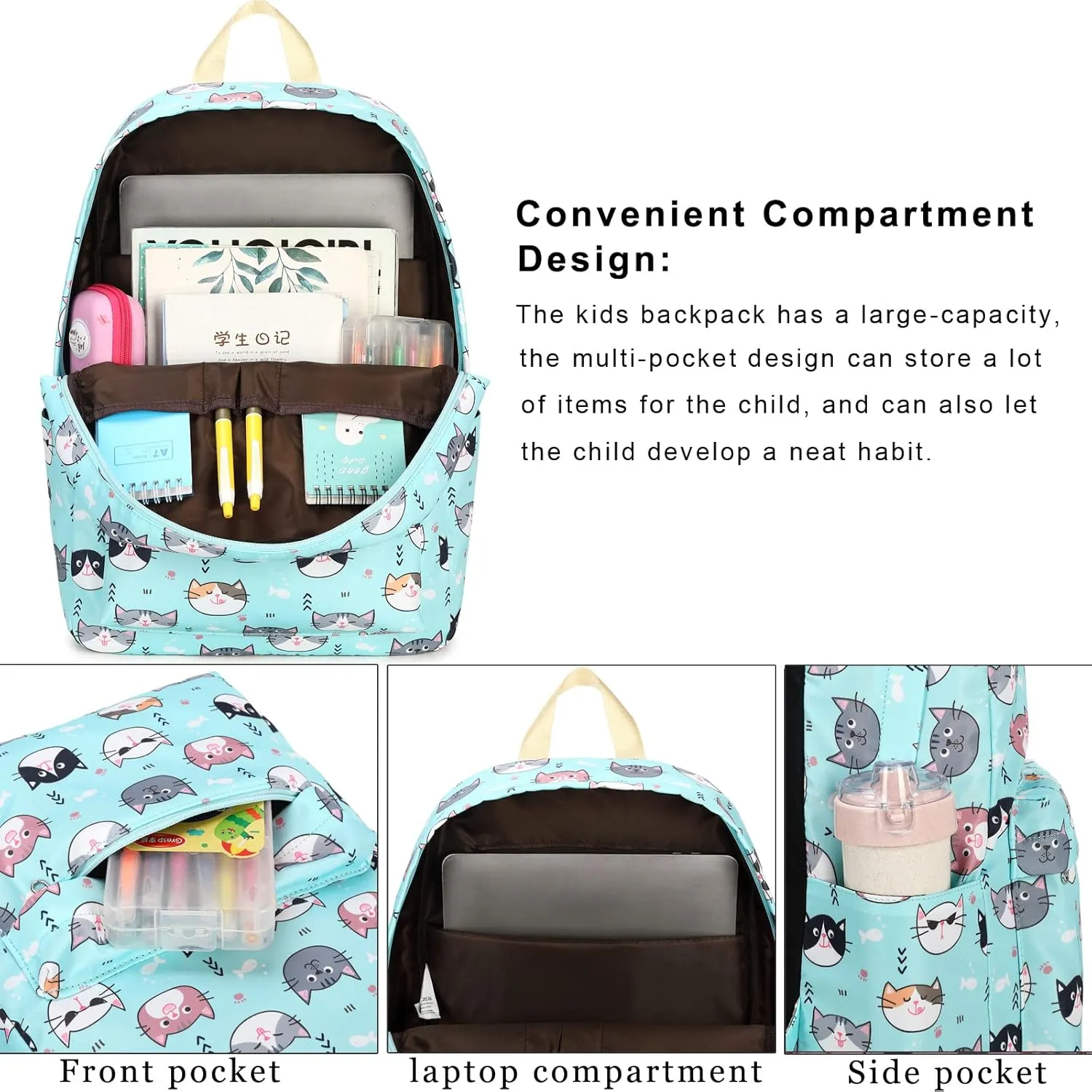DSIUE Kids Backpack for Girls Elementary BookBags Teens Middle School Backpack with Lunch Box Cat Lake Blue